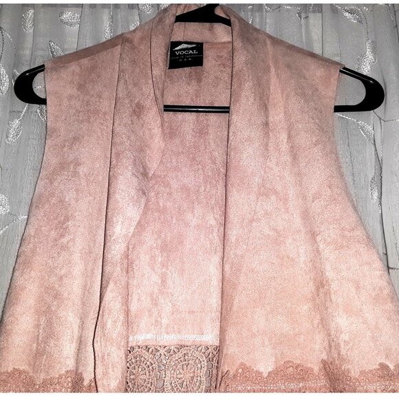 VOCAL Pink Suede and Lace Long Vest Sleeveless Duster Open Cardigan Sweater L - Picture 2 of 6